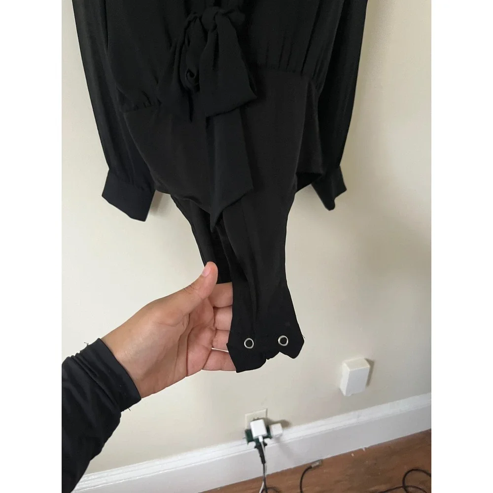 Zara Women Black Sheer Chiffon Tie Front Long Sleeve Bodysuit party neutral S
